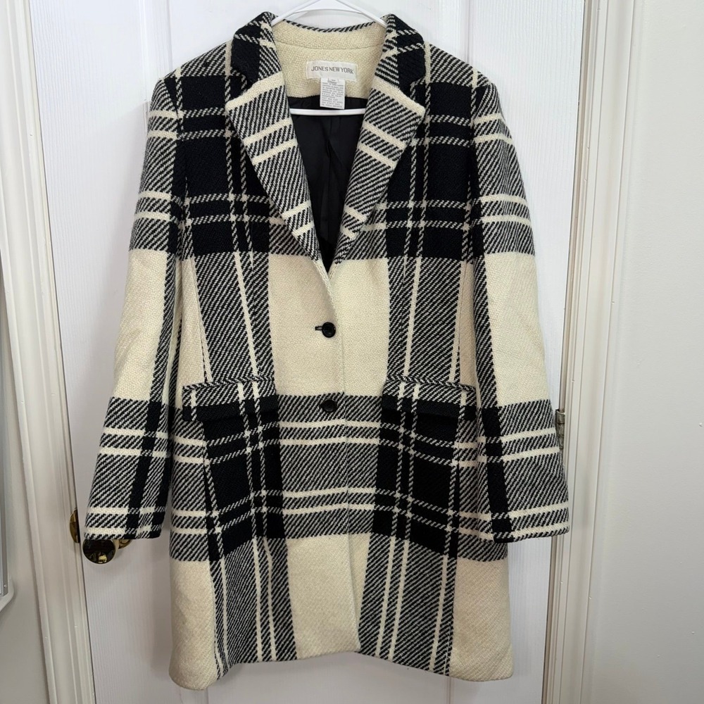 Jones New York 100% wool cream black plaid pocket lined peacoat winter coat 10
